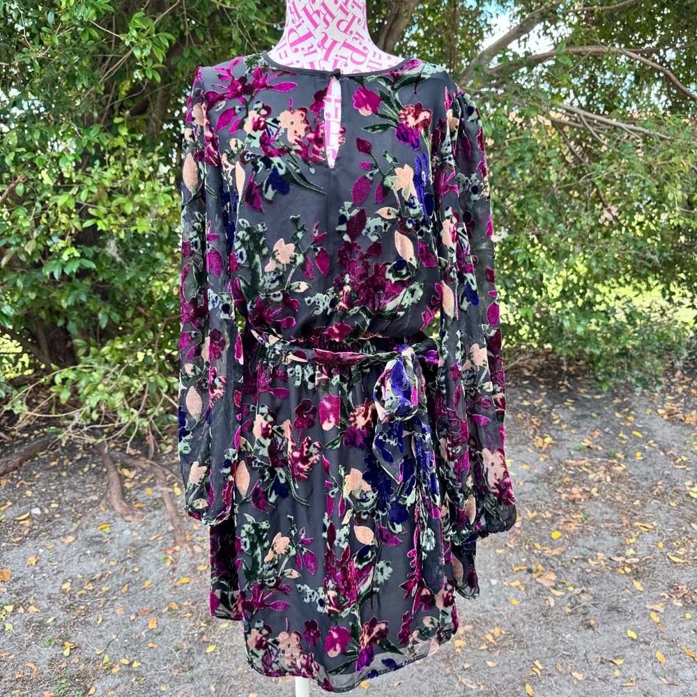 Evereve Black Floral Velvet Burnout Mini Dress with Pink and Purple Accents